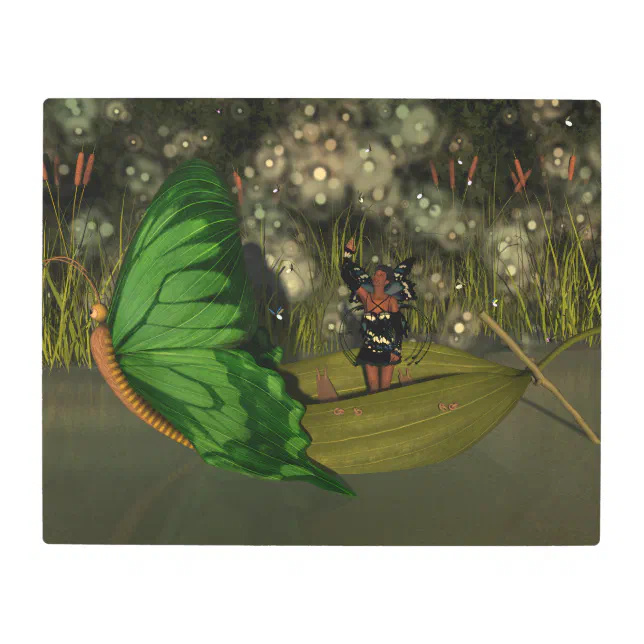 Cute Fairy in Boat with Fireflies Metal Print