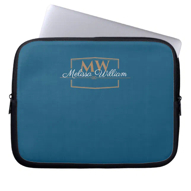 Blue White Gold Monogram Name Script Laptop Sleeve