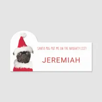 Funny Cute Black Pug in Santa Hat Christmas Name Tag