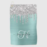 Monogrammed Pale Turquoise Silver Dripping Glitter Golf Towel