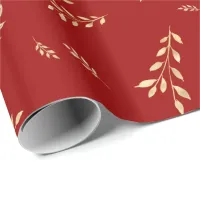 Elegant Holiday Red Gold Foil Leaves Wrapping Paper