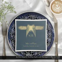 Art Deco Butterfly Monogram Blue and Gold Wedding  Napkins