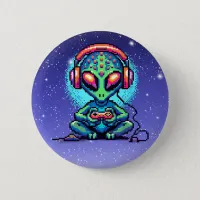  Pixel Art Alien Playing Video Games Button