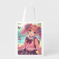 Pretty Anime Girl in Pink Pigtails Grocery Bag