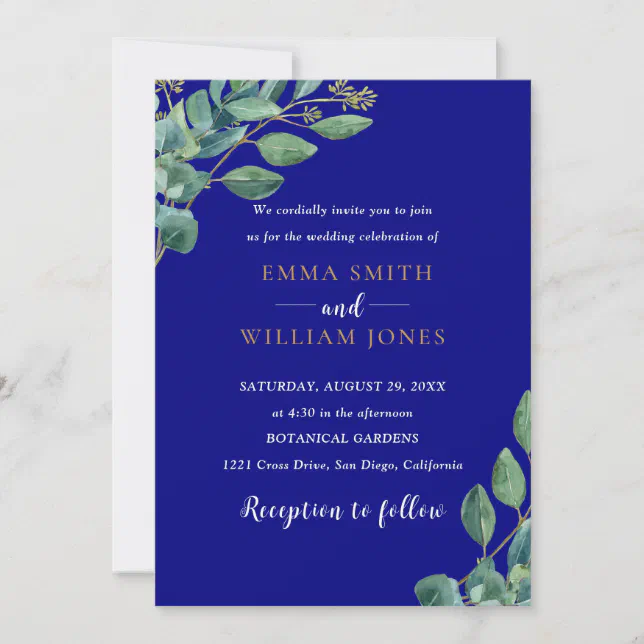 Simple Eucalyptus Greenery Navy Blue and Gold  Invitation