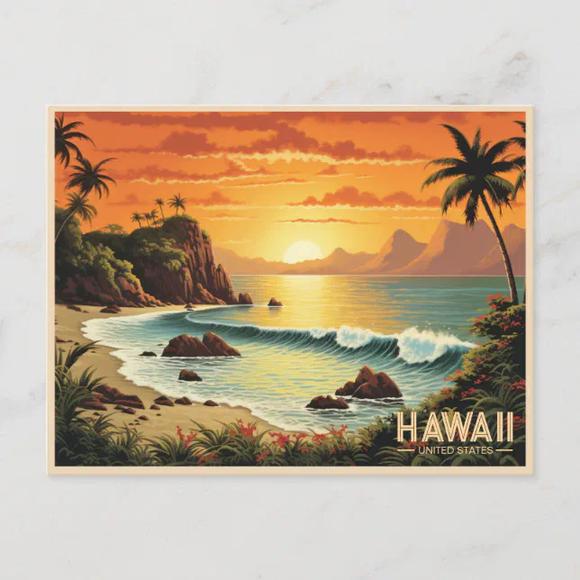 Vintage Painting Hawaii Beach Tropical Paradise Postcard