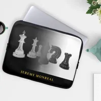 Vintage Chess Black and White Watercolor Gold name Laptop Sleeve