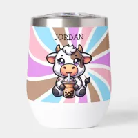 Cute Baby Cow Drinking Boba Kawaii Cartoon Thermal Wine Tumbler