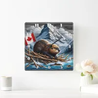 Beaver Lodge by Snowy Mountains Square Wall Clock