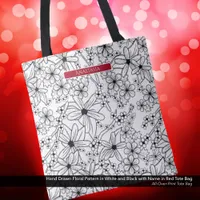 Hand Drawn Floral White Black Pattern & Red Name Tote Bag