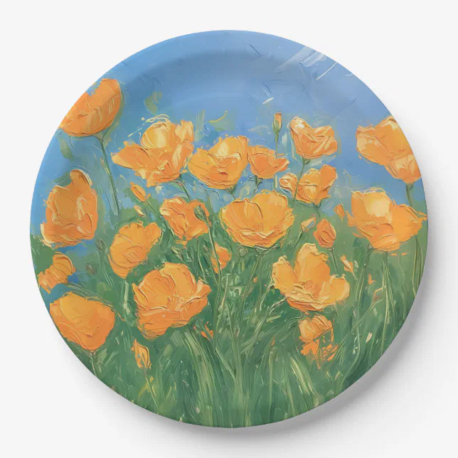 California Poppy Field Sky Impressionist Painting Paper Plates