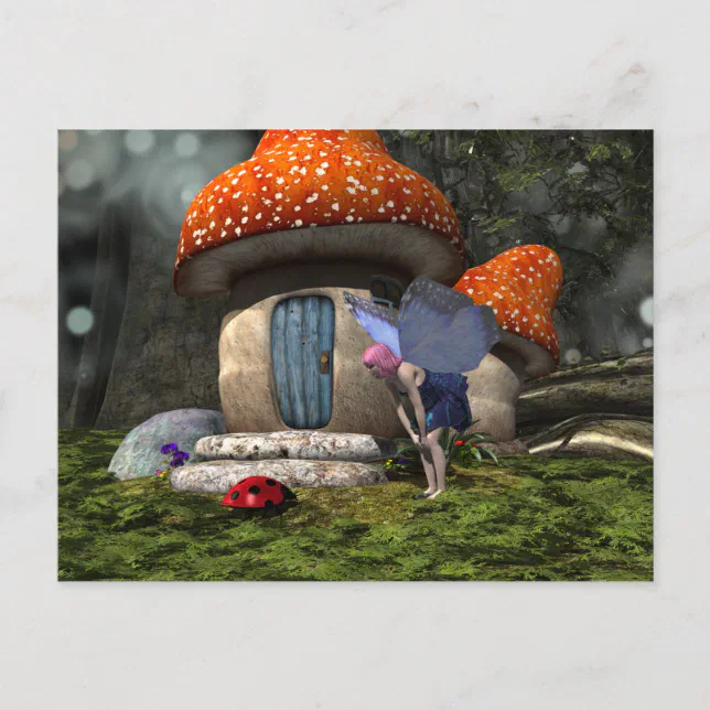 Cute Pink-Haired Fairy Meets Ladybug Postcard