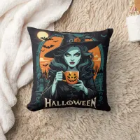 Witch with pumpkin mug on Halloween Throw Pillow