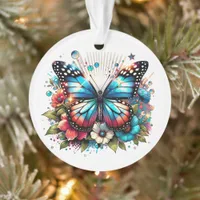 Blue Butterfly and Flowers  Personalized Christmas Ornament