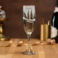 Merry Christmas  Fir trees on mountains  Champagne Flute