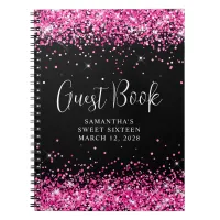 Hot Pink Glitter Black Sweet 16 Guest Notebook