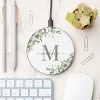 Elegant Eucalyptus Botanical Monogram Wireless Charger