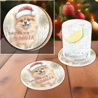 Pomeranian Waiting For Santa Watercolor Christmas Coaster