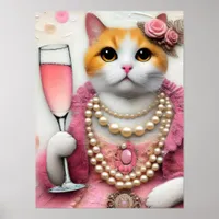 Adorable Cat Pink Dress With Pearls with Drink Poster