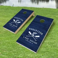 Rustic Lake House Family Name Navy Blue Wood  Cornhole Set