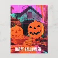 Neon Retro Haunted Halloween House Postcard