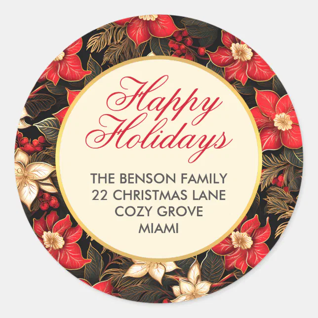 Red Poinsettia Flower Happy Holidays Christmas Classic Round Sticker