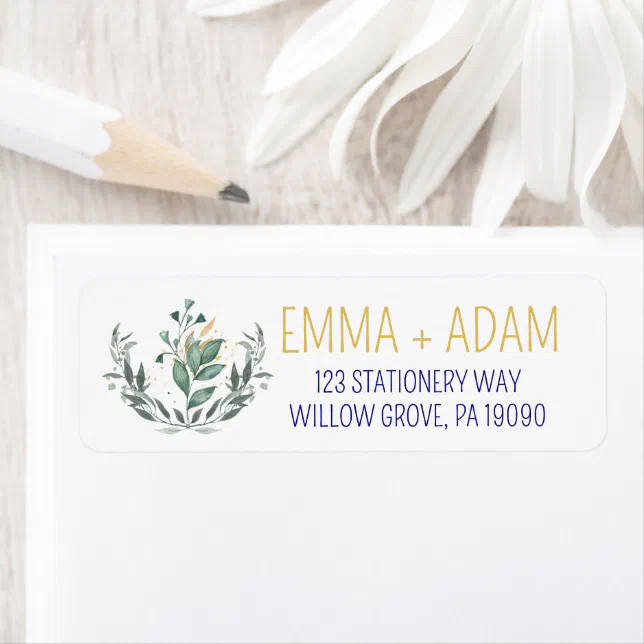 Simple Eucalyptus Greenery Navy Blue and Gold Label