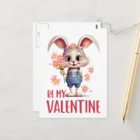 Funny Cute Valentine Rabbit Pink Flowers Postcard