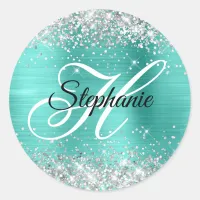 Silver Glitter Turquoise Foil Fancy Monogram Classic Round Sticker