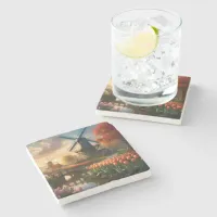 Windmill in Dutch Countryside by River with Tulips Stone Coaster
