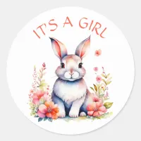 Bunny Rabbit in Flowers It's a Girl Baby Shower Classic Round Sticker