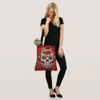 Sugar Skull Pink Red Roses Holidays All Over Print Tote Bag