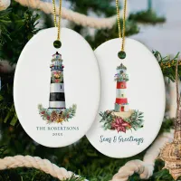 Nautical Lighthouse Christmas Seas & Greetings Ceramic Ornament