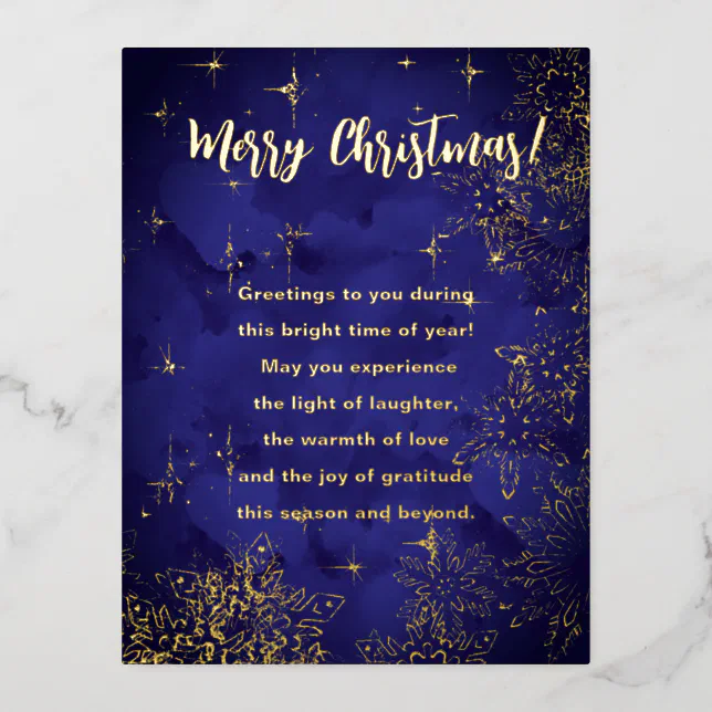 Merry Christmas in bluewith snowflakes and stars  Foil Holiday Postcard