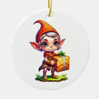 Personalized Cute  Elf Holding a Gift Christmas Ceramic Ornament