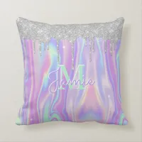 Monogram Metallic Silver Glitter Drip & Iridescent Throw Pillow