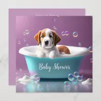 Cute puppy in a bathtub with soap bubbles  invitation