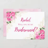 Gold and Watercolor Floral Pink Roses Bridesmaid Invitation