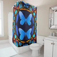 Electric Elegance: Neon Blue Butterflies Bathroom  Shower Curtain