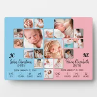 Newborn Twin Baby Stats Photo Collage Monogram Plaque