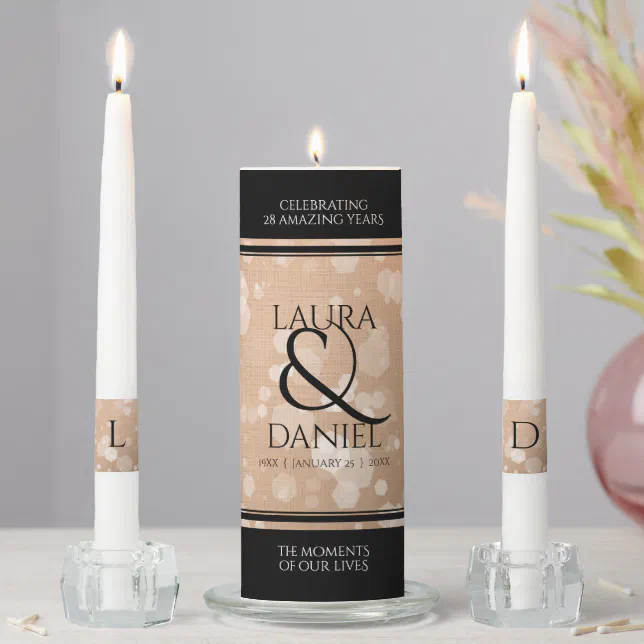 Elegant 28th Linen Wedding Anniversary Celebration Unity Candle Set