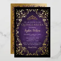 Vintage Purple Gold Princess Tiara Quinceañera Foil Invitation