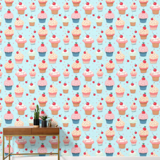 Watercolor Sweet Cupcakes And Cherries Pattern Wallpaper