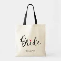 Black Modern Calligraphy Red Heart Bride Tote Bag