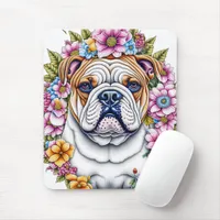 Ai Art Bulldog Surrounded by Whimsical Flowers Mouse Pad