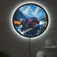 Vibrant hotrod racing through mountain scenery LED sign