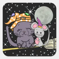 Black Cat and Witch Mouse on Broom Halloween Square Sticker