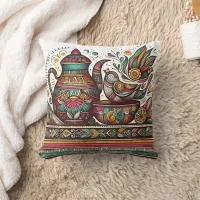 Artistic teapot and bowl with intricate patterns throw pillow