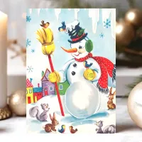 Vintage Snowman With Animals Christmas Holiday Card