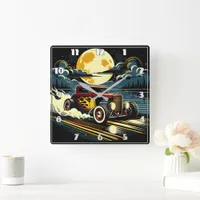 Classic hot rod cruising under a full moon square wall clock